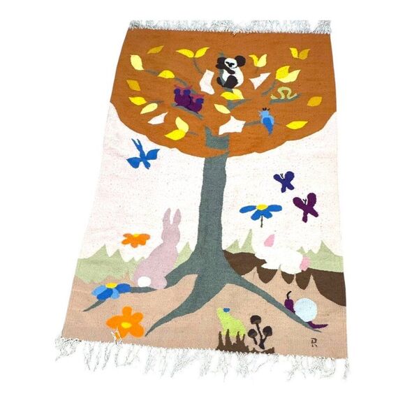 Vintage Zapotec Tree of Life Fringed Edge Panda Koala Bear Throw Signed READ